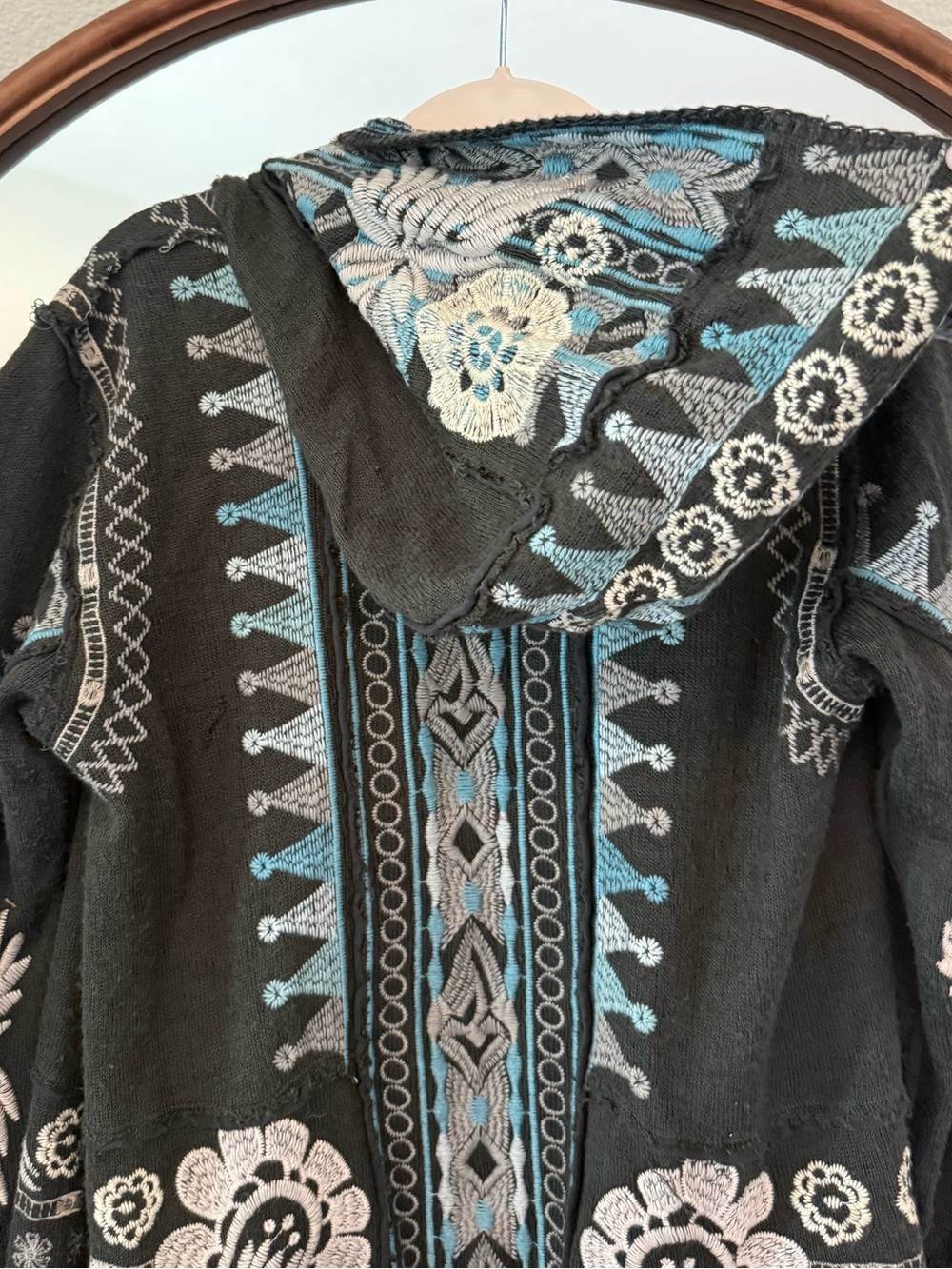 Johnny Was Biya Coat Gray Embroidered Floral Hooded Cardigan with Teal Accents - Picture 4 of 5
